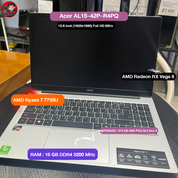 รหัสสินค้า : NOECOM73 โน๊ตบุ๊คมือสองแรงๆ Notebook Acer AL15-42P-R4PQ Ryzen 7 7730U/16 GB/M.2512GB/RX Vega 8 สเปคทำงานลื่นๆ